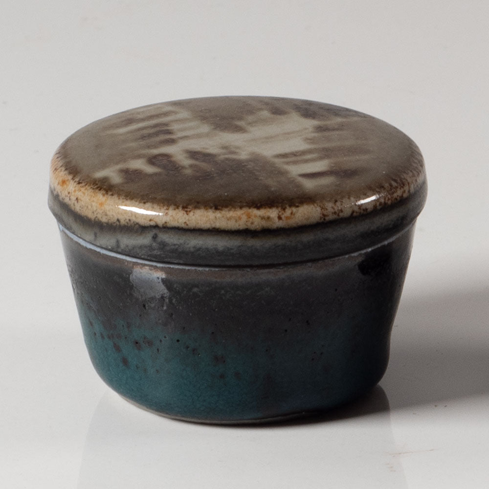 Carl Harry Stålhane for Rörstrand, Sweden, unique stoneware lidded jar with blue and brown glaze L3460