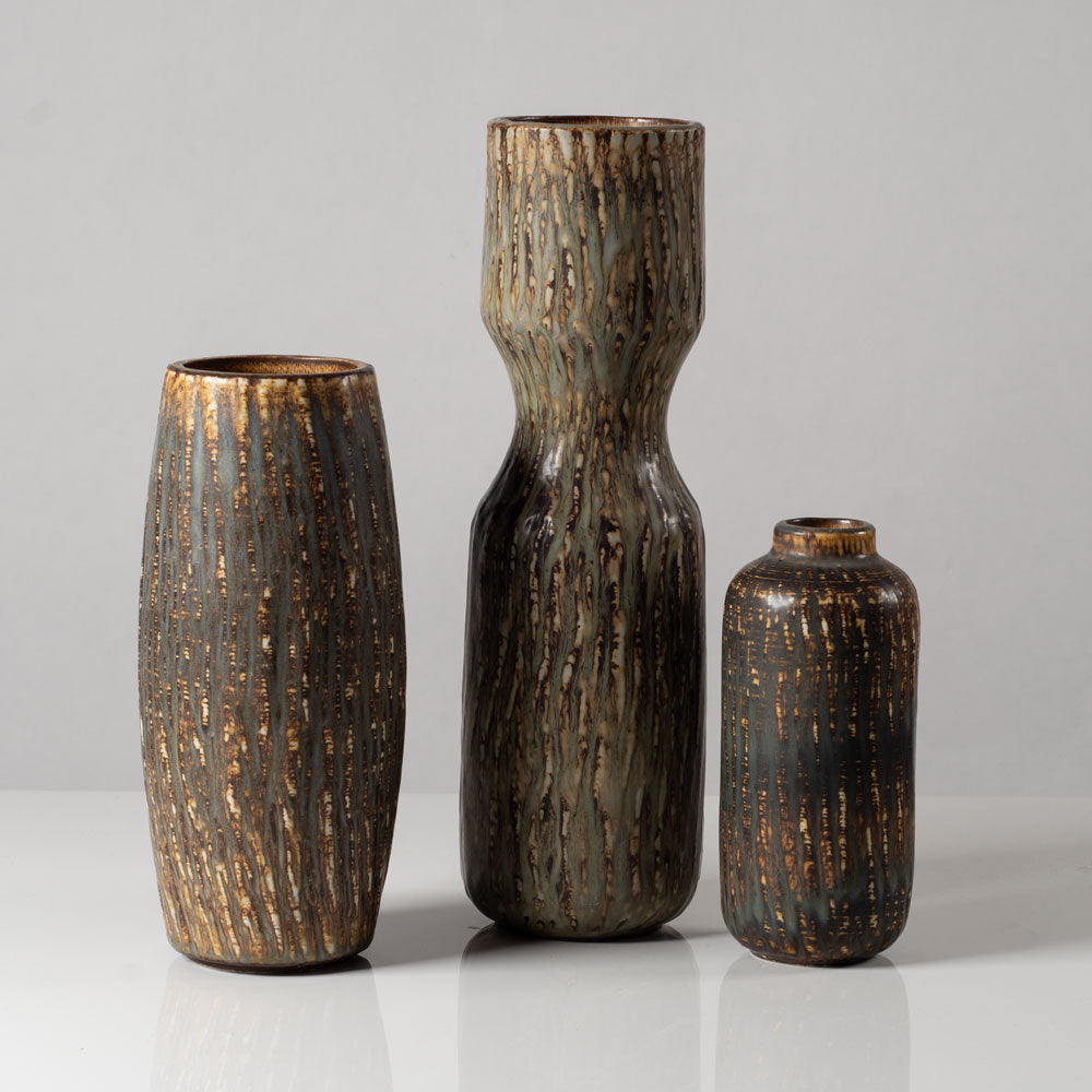 Three striated brown vases by Gunnar Nylund for Rörstrand, Sweden