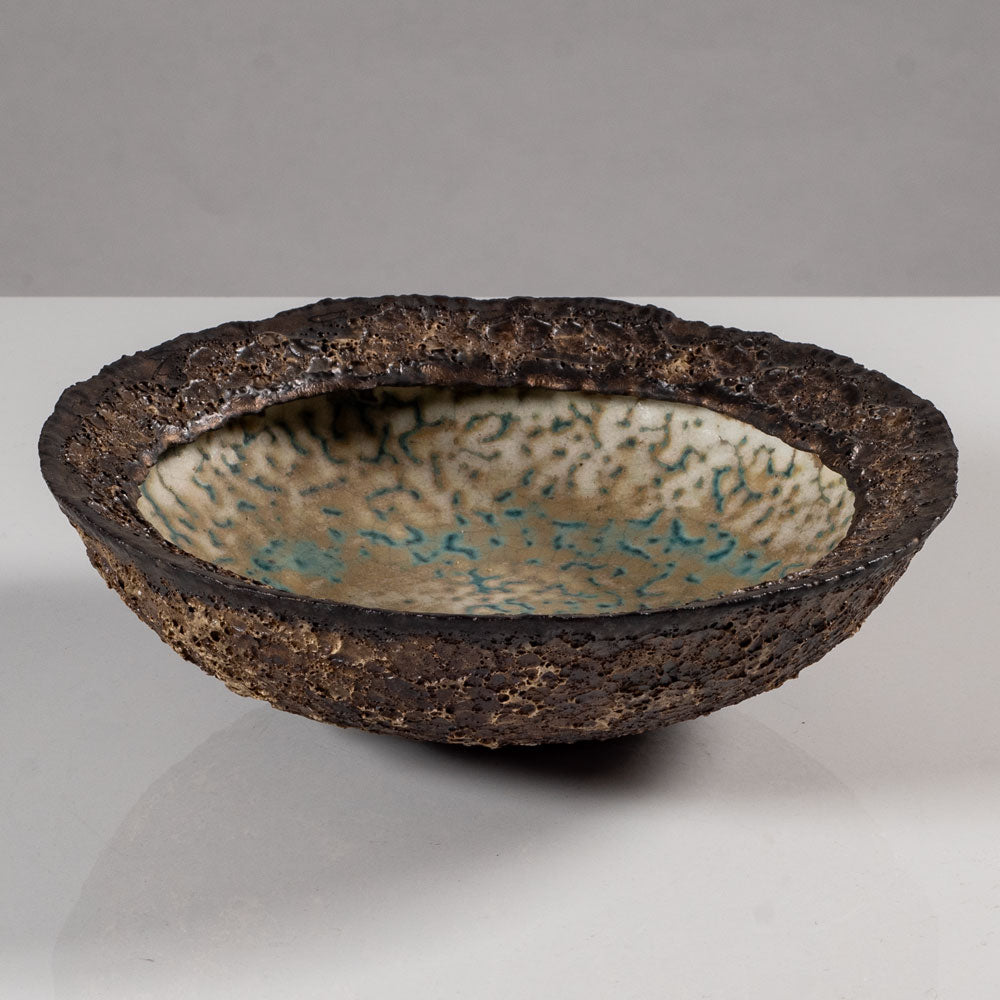 Deirdre Burnett, own studio, UK, unique stoneware bowl with brown, cream and blue volcanic glaze K2172
