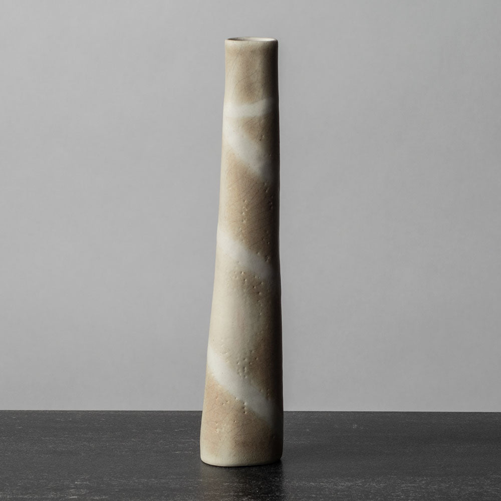 Val Barry, UK, elongated stoneware vessel with pale brown and cream glaze F8320