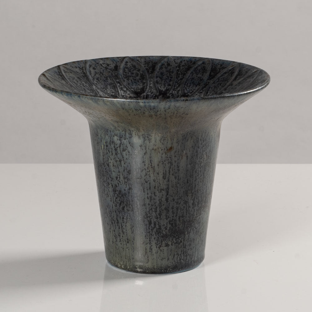 Hertha Bengtson for Rörstrand, Sweden, stoneware vase with blue haresfur glaze and impressed pattern to rim K2119