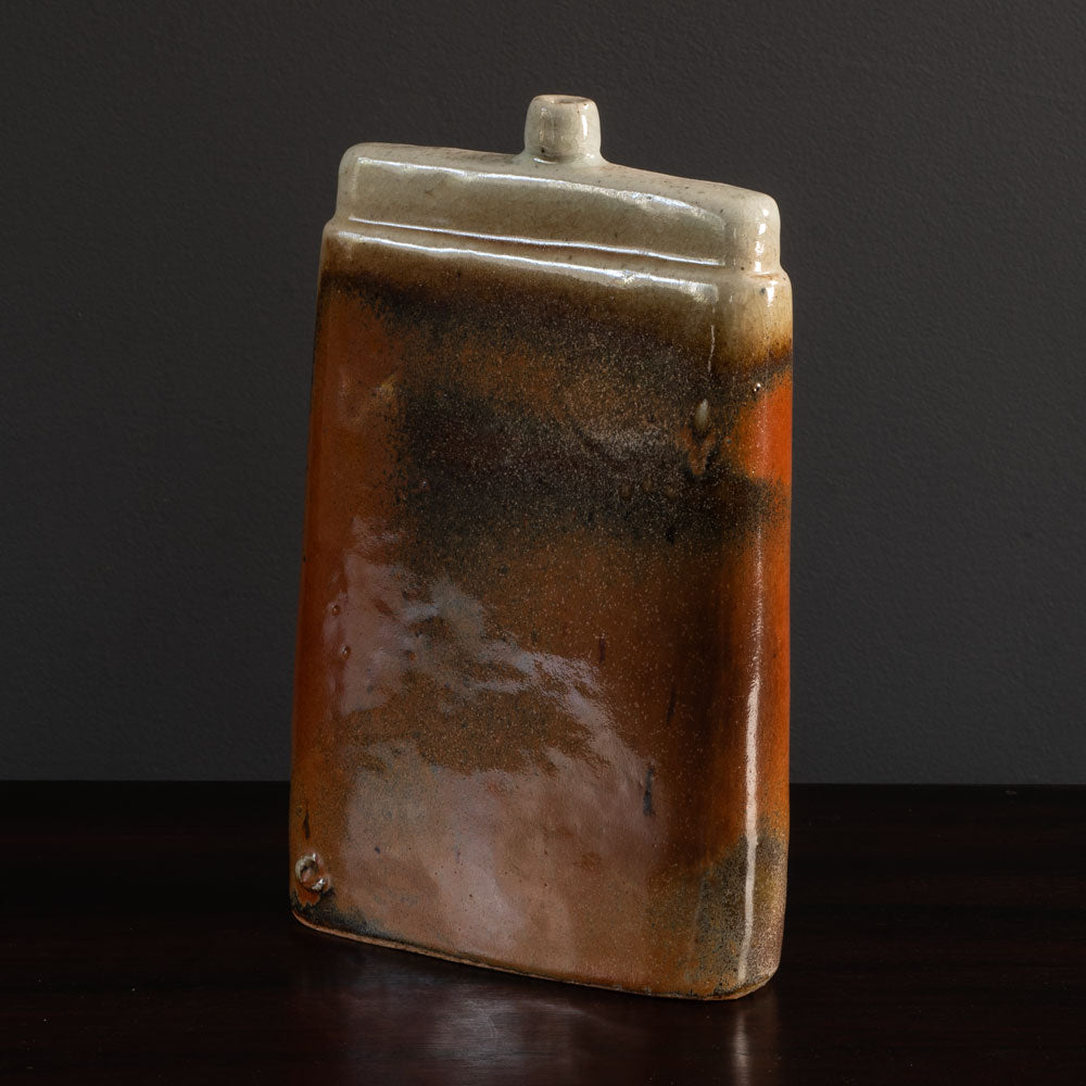 Ingeborg and Bruno Asshoff, Germany, unique stoneware flattened bottle vase with brown and off-white crackle glaze K2903