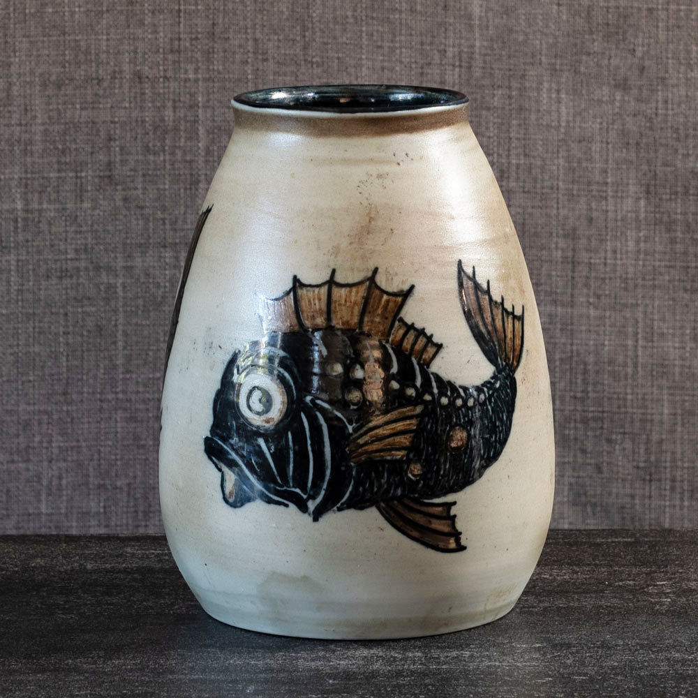 Josef Ekberg for Rorstrand, Sweden, unique stoneware vase with handpainted underglaze fish L3920