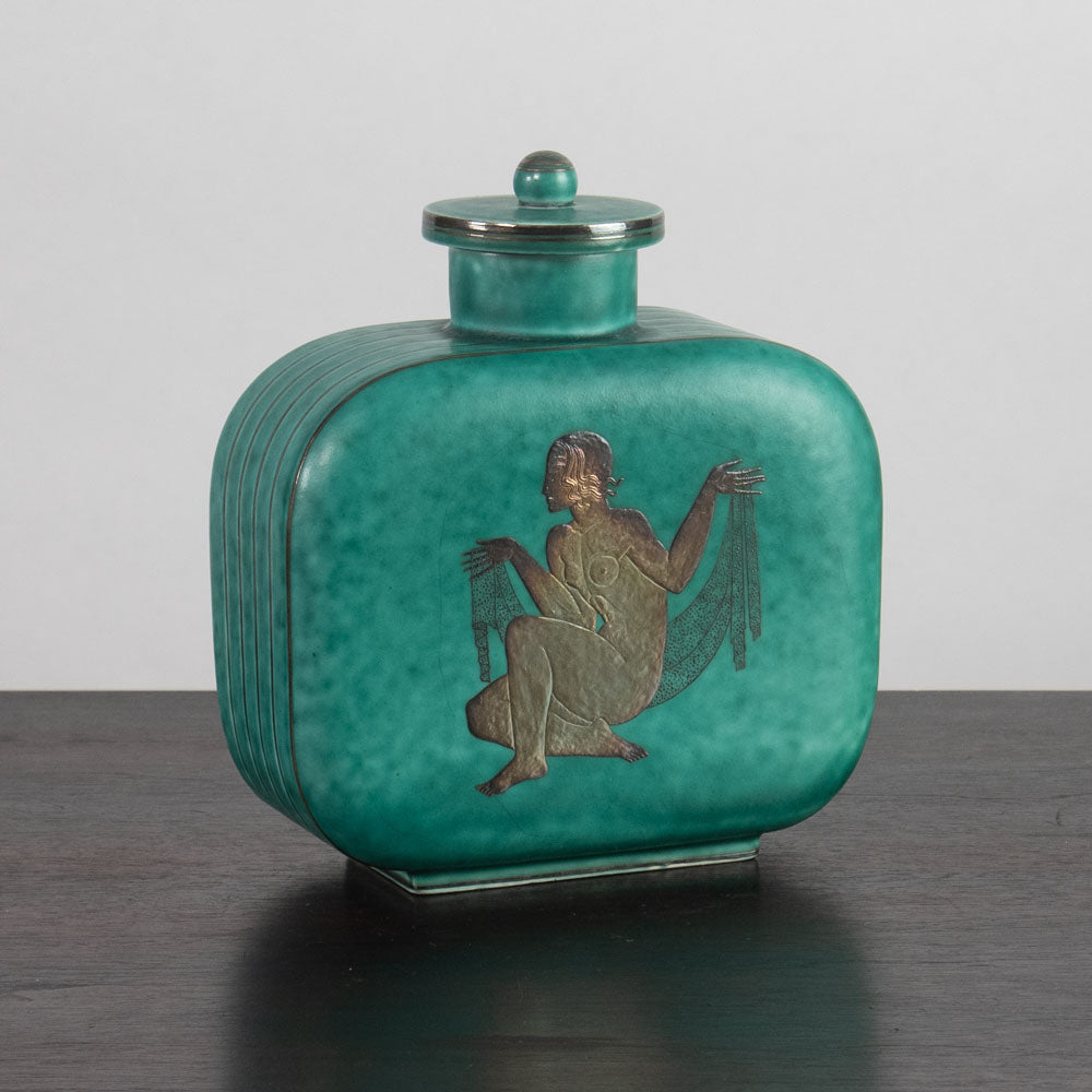 Wilhelm Kåge for Gustavsberg, Sweden, "Argenta" lidded flask with illustration of woman J1608