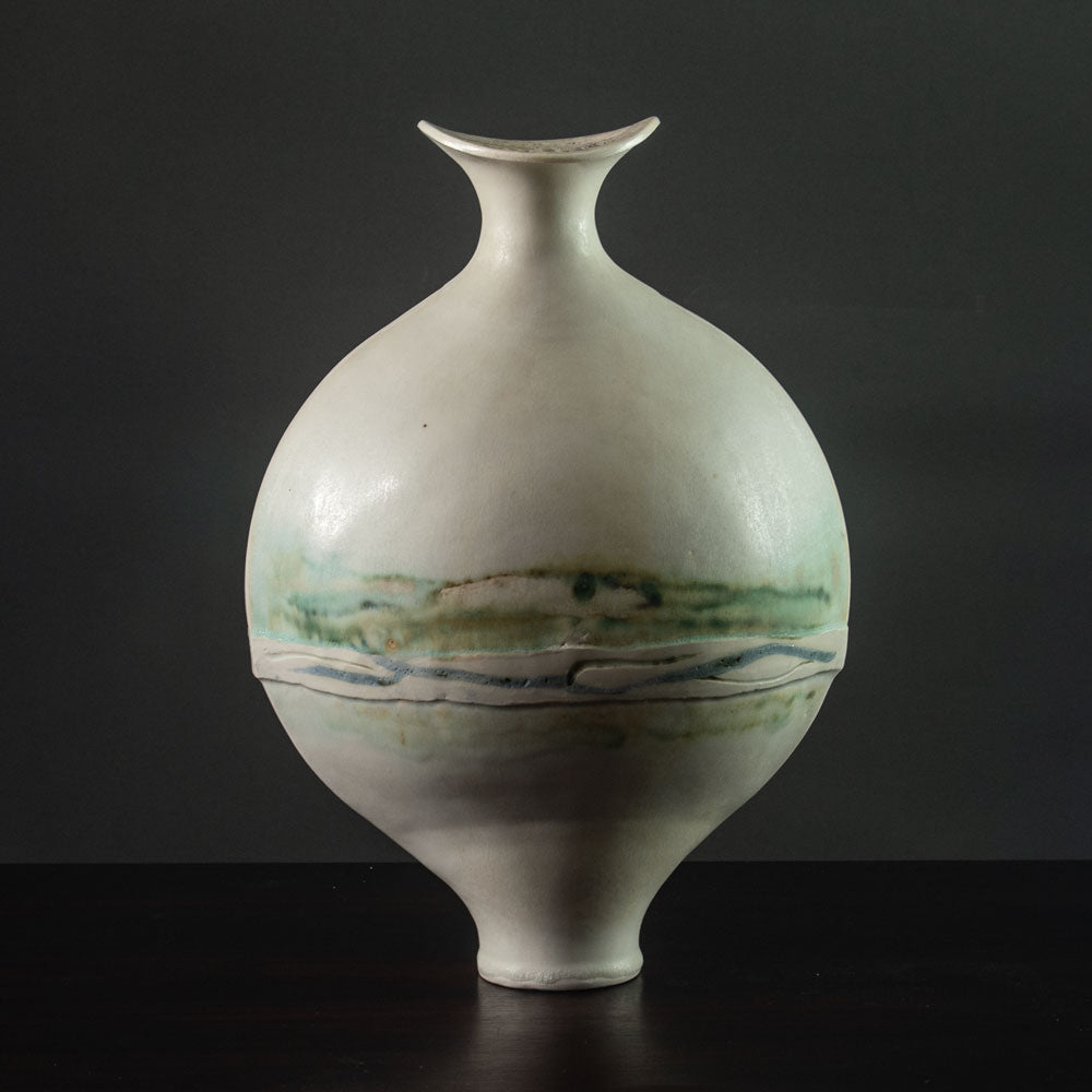 Otto Meier, own studio, Germany, flattened vase with green and white glaze J1738