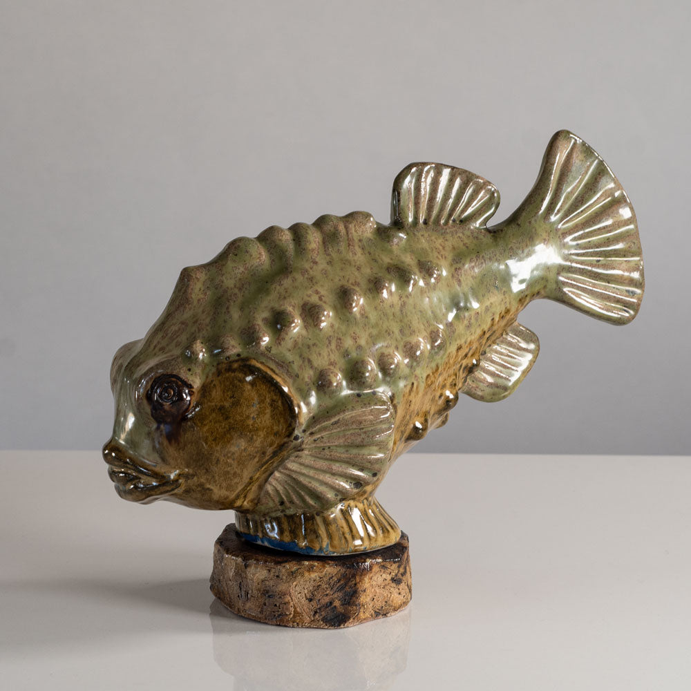 Klas-Göran Klaesson, Höganäs, Sweden, unique earthenware fish with olive glaze L3809