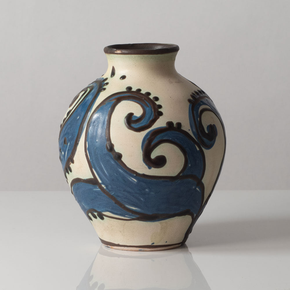 Jens Thirslund for Herman A. Kähler Keramik, Denmark, vase with blue, brown and cream matte glaze K2609