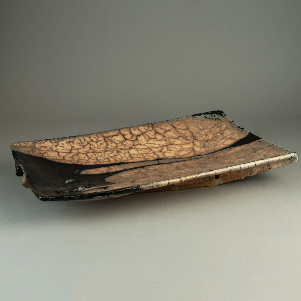 Claude Champy, France, unique stoneware dish with dark brown, black and pale pink glaze H1326