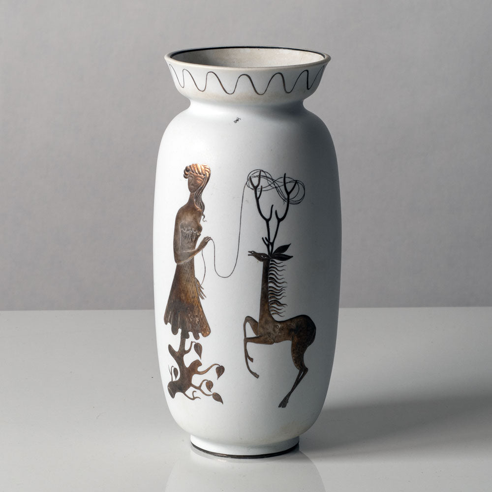 Stig Lindberg for Gustavsberg "Grazia" vase with matte white glaze and silver illustration of a woman and a stag K2095