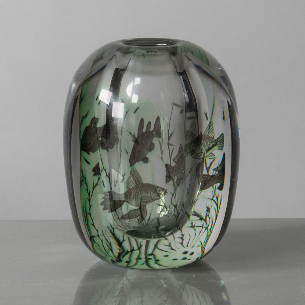 Edward Hald for Orrefors, Sweden, "Fish Graal" vase in clear glass with green and black illustration G9505