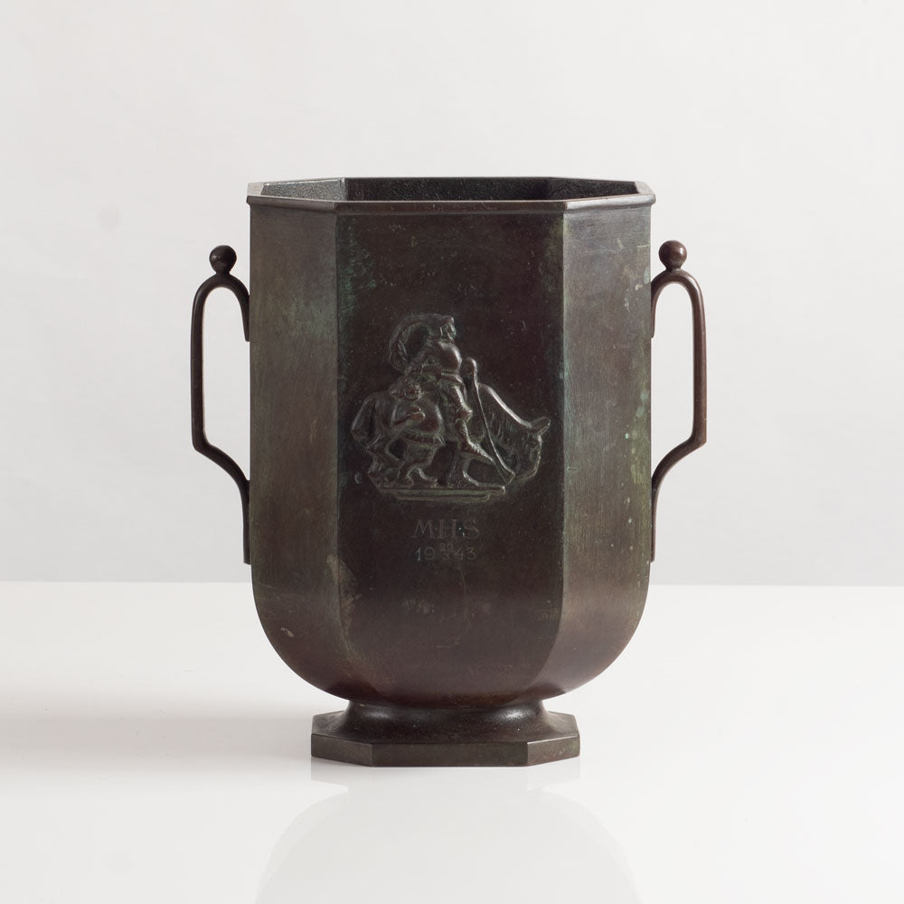 Jacob Ängman for GAB, Sweden, bronze handled vase with Don Quixote in relief L3391