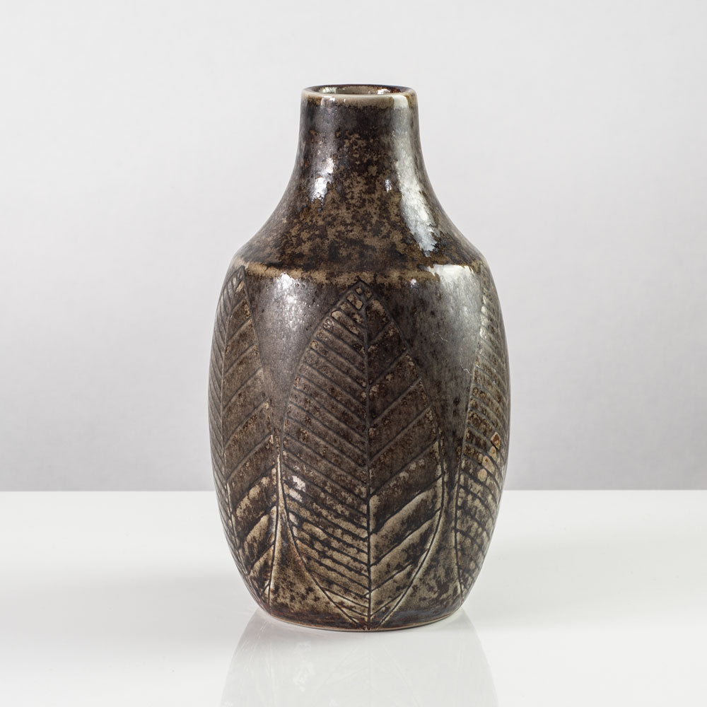 Carl Harry Stålhane for Rörstrand, Sweden, stoneware vase with leaf motif and brown glaze K2057