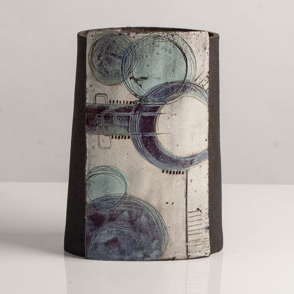Katy O'Neil, UK stoneware rectangular vase with blue, gray and brown glaze L3990