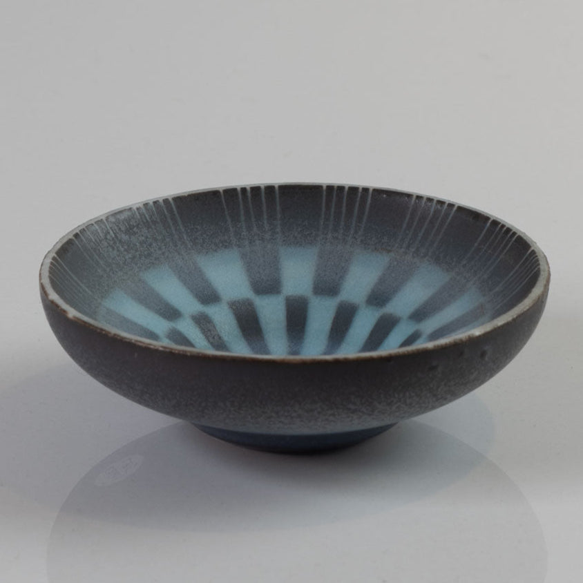 Gunnar Nylund for Rörstrand, Sweden, stoneware miniature bowl with blue patterned glaze k2601