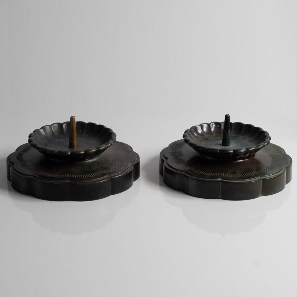Just Andersen, Sweden, pair of Disko metal sculpted candle holders L3030