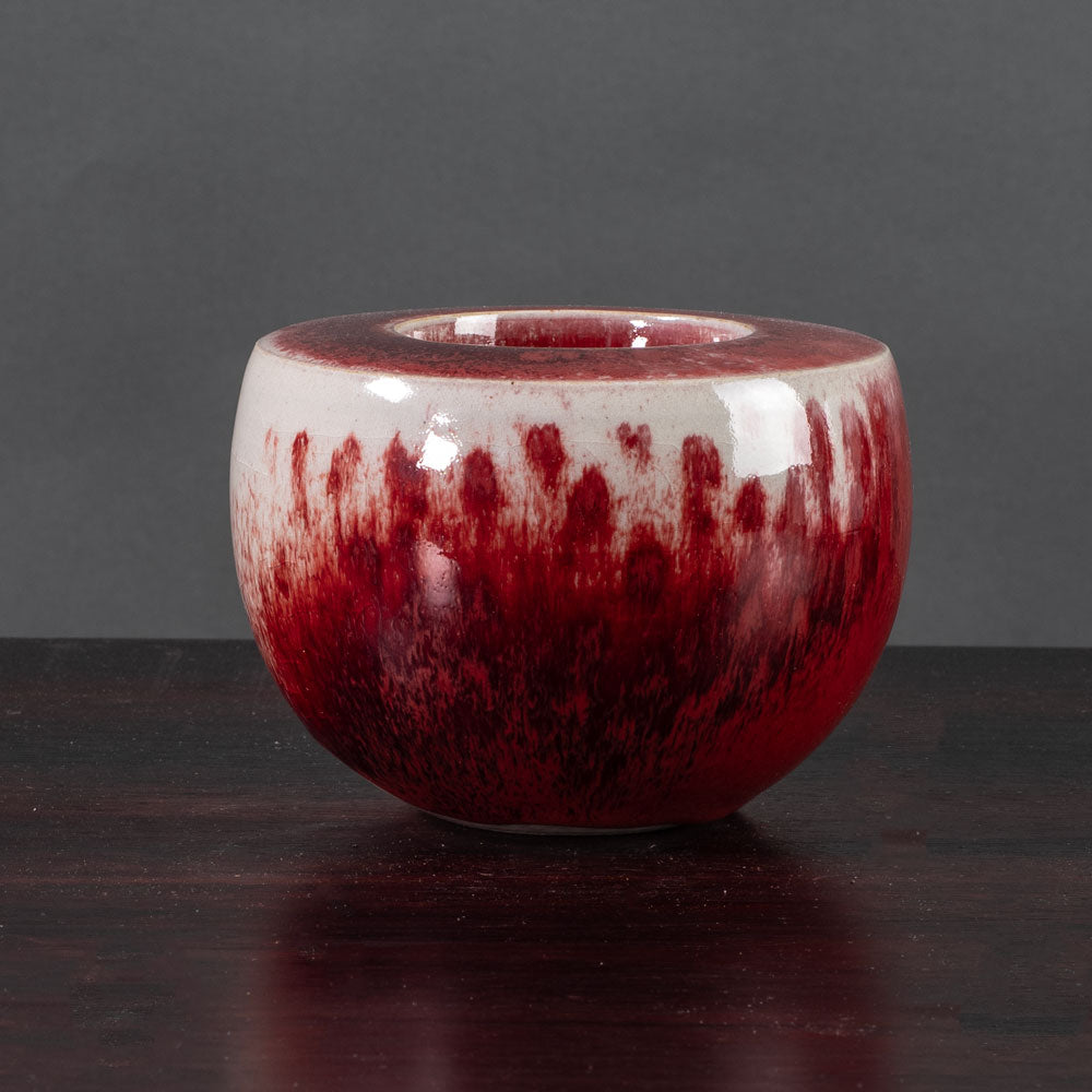 Antje Wiewinner, Germany, unique stoneware sculptural bowl with glossy oxblood and gray glaze K2805