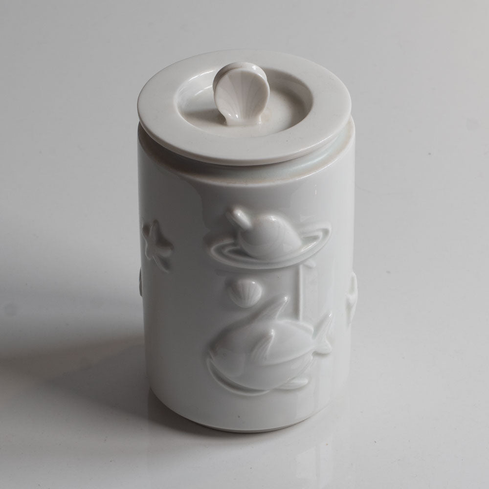 White porcelain lidded jar by Arno Malinowski for Royal Copenhagen K2744