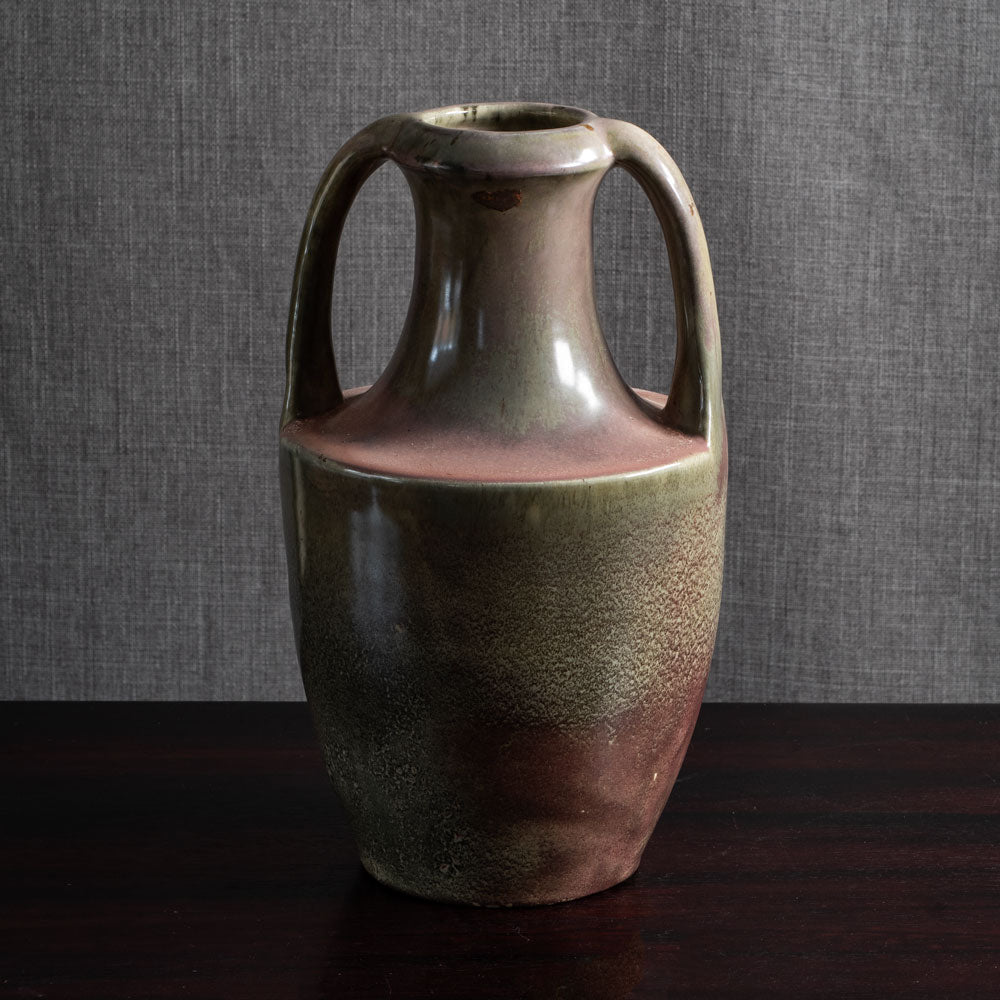 Karl Svensson, Höganäs, Sweden, porcelain handled urn with green and pink glaze J1450