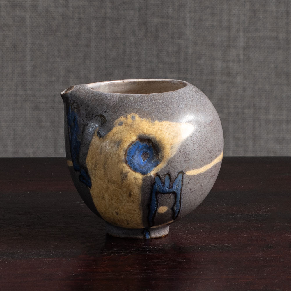 Beate Kuhn, Germany, unique stoneware pitcher with gray yellow and blue glaze L3979