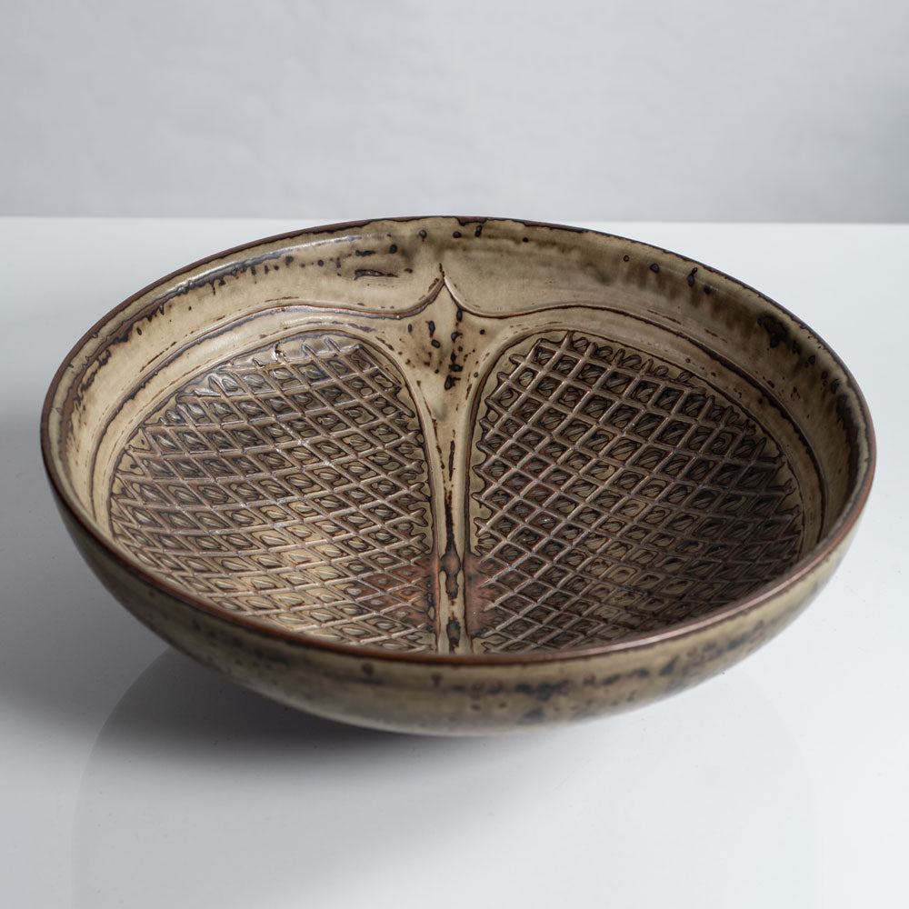Gerd Bøgelund for Royal Copenhagen, Denmark, stoneware bowl with pomegranate motif and Sung glaze L3903