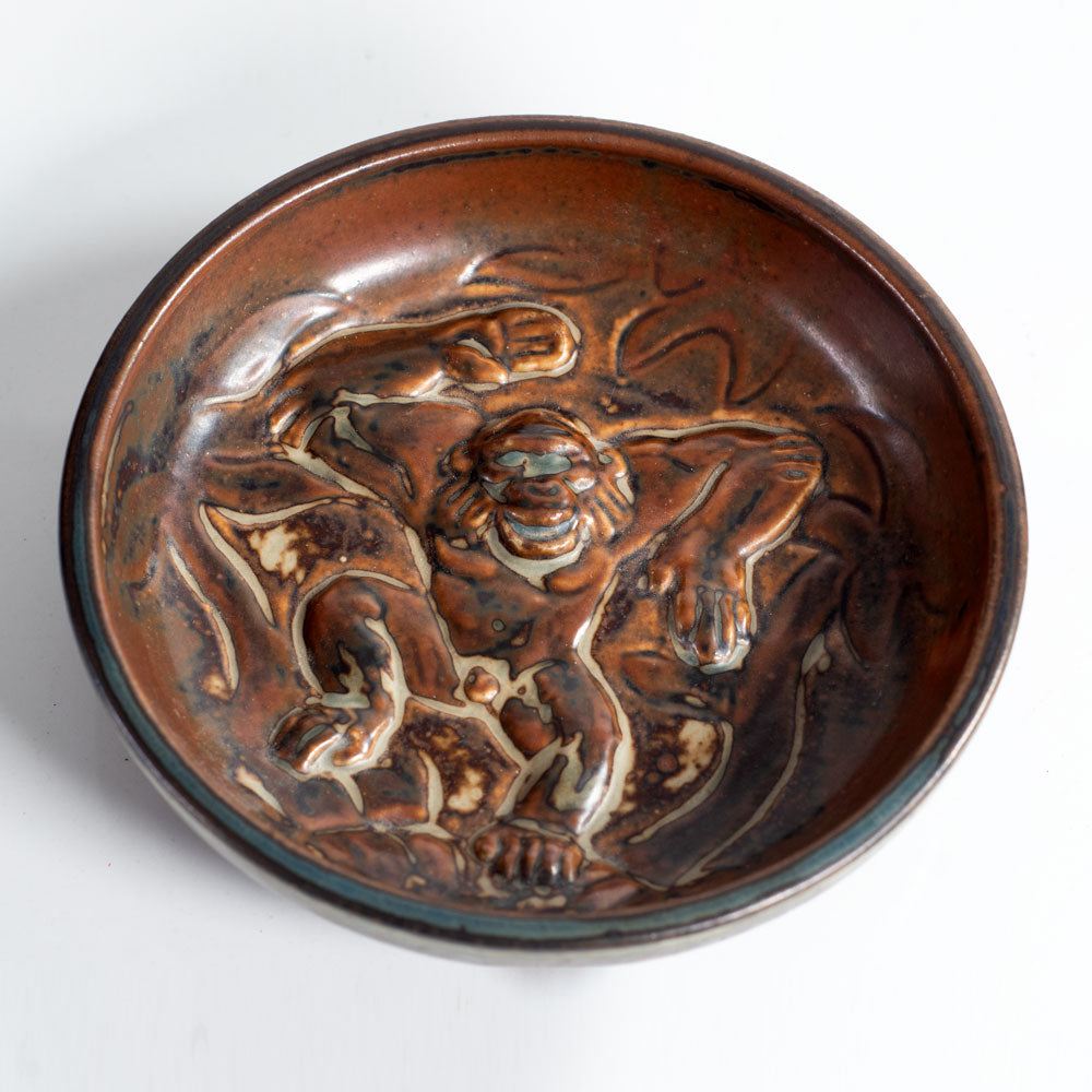 Knud Kyhn for Royal Copenhagen, Denmark, stoneware dish with ape in relief L3914
