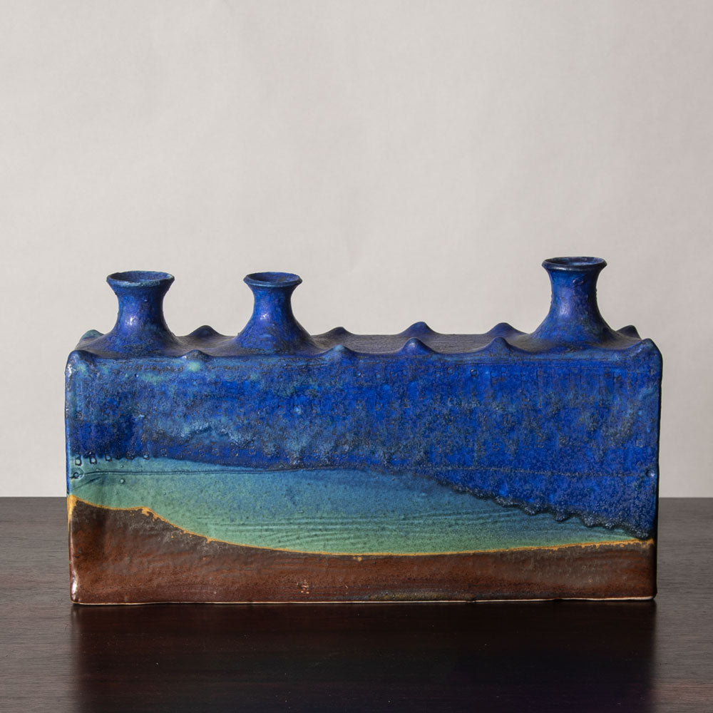 Francesca Mascitti Lindh for Arabia, Finland, multi-opening rectangular vase with blue and brown glaze H1266