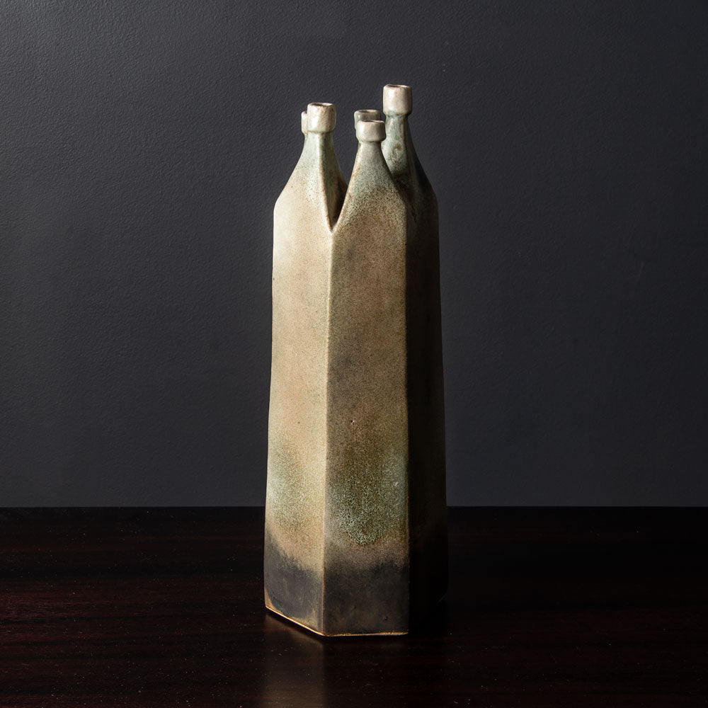 Products Ingeborg and Bruno Asshoff, Germany, unique multi-opening stoneware vase with gray and brown glaze
