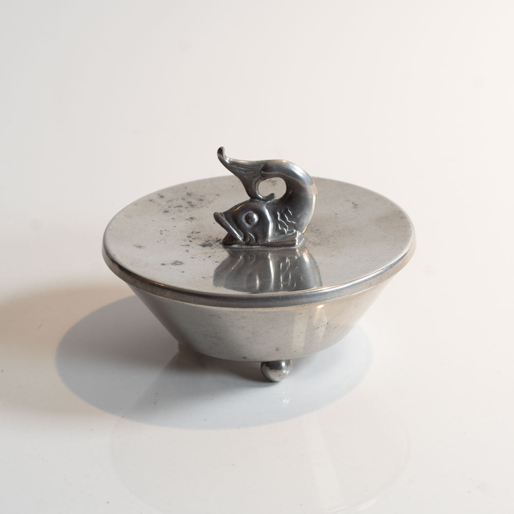 Swedish pewter footed, lidded jar with fish figure handle M4194