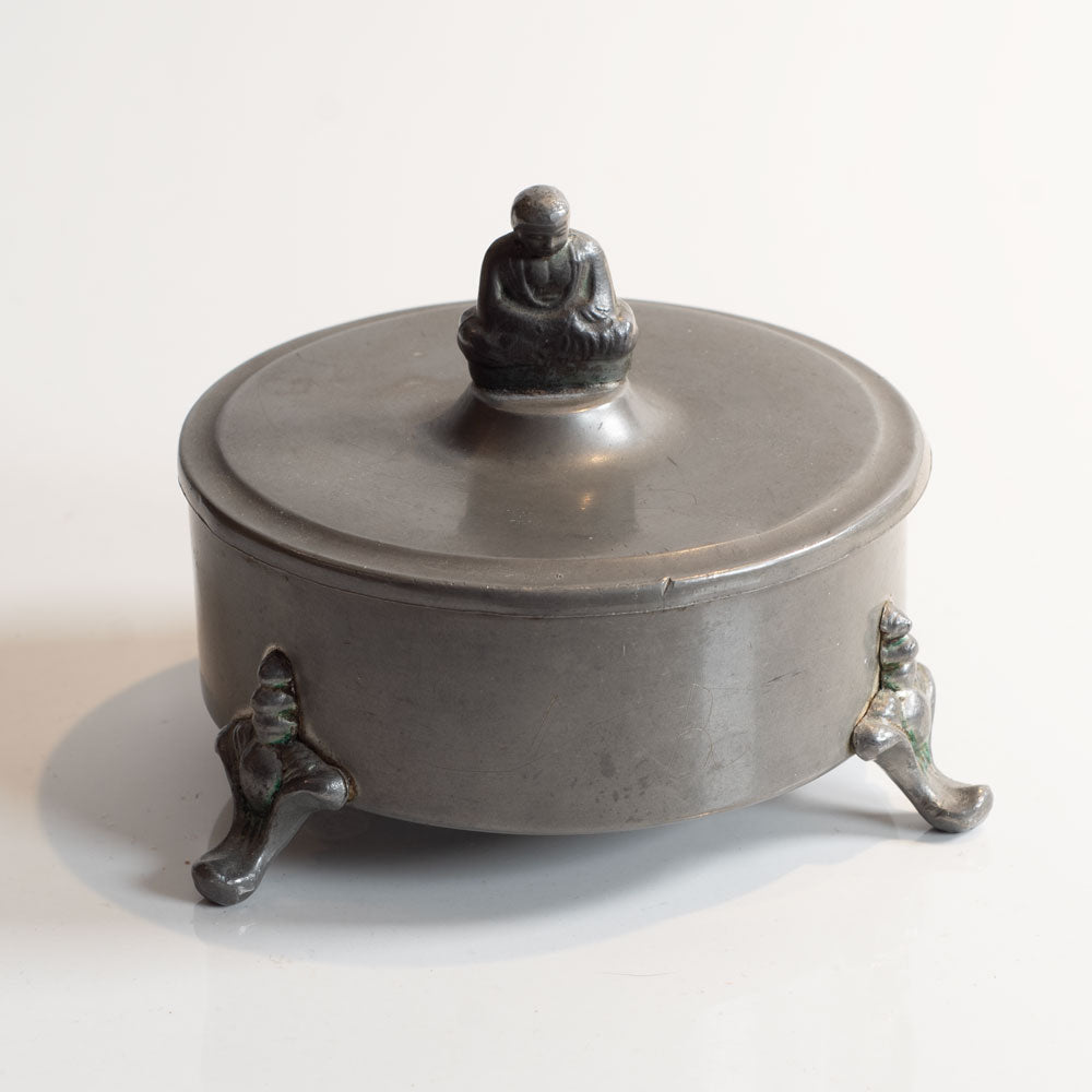 Swedish pewter footed, lidded jar with figure handle C3819