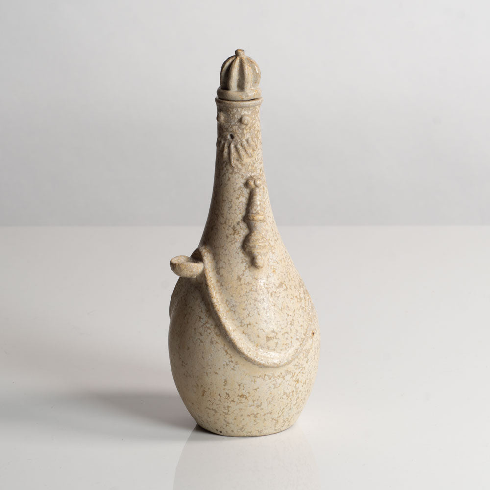 Arne Bang, Denmark, decorated stoneware bottle vase with off-white glaze and topper M4245