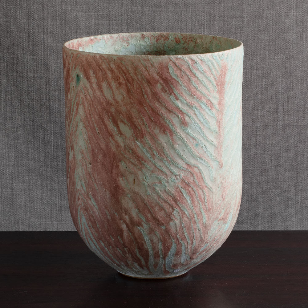 Peter Frasier Beard, UK, stoneware textured vase with blue and pale red glaze M4350
