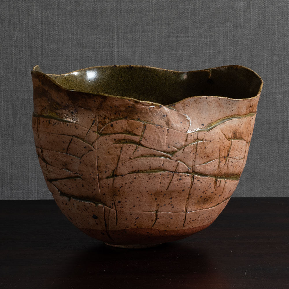 Lene Regius, Denmark, unique handbuilt stoneware bowl with olive glaze to interior M4365