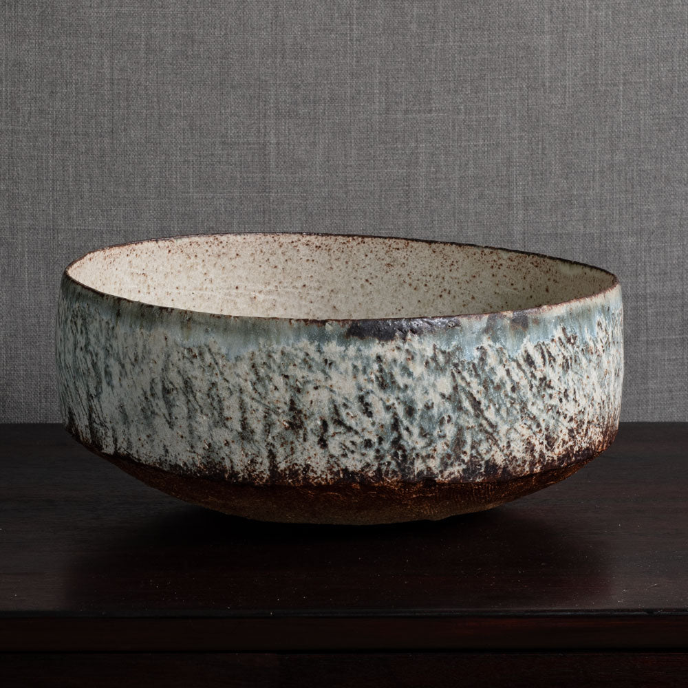 Chris Carter, UK, unique large stoneware bowl with blue and off-white matte glaze M4313
