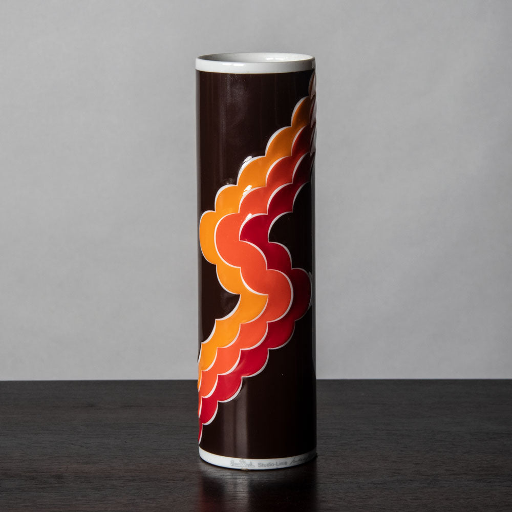Natalie Sapone for Rosenthal, Germany, cylindrical porcelain vase with brown, orange and red glaze H1422