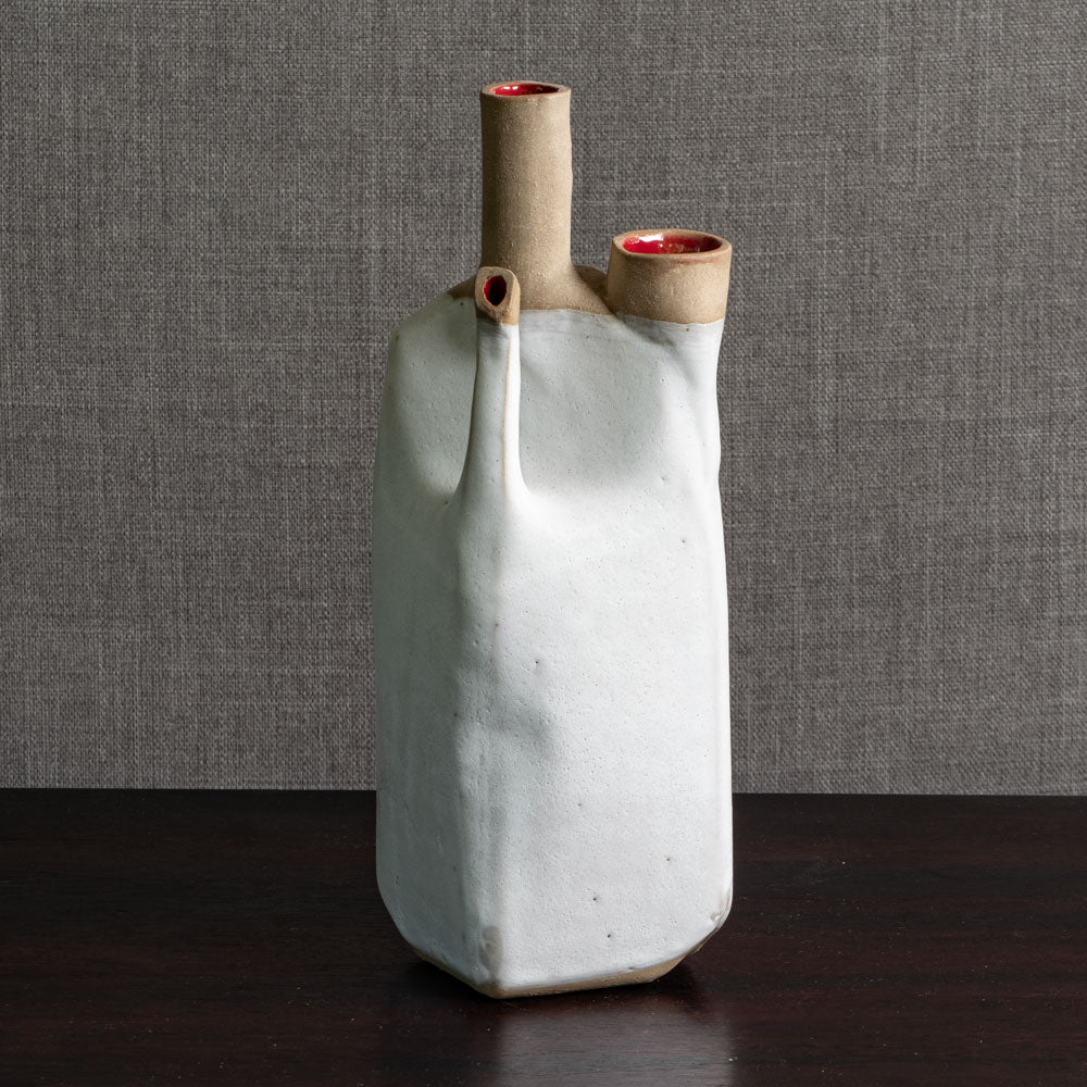 Joanne Howard, US, unique stoneware sculptural vessel with matte white and glossy red glaze JH004