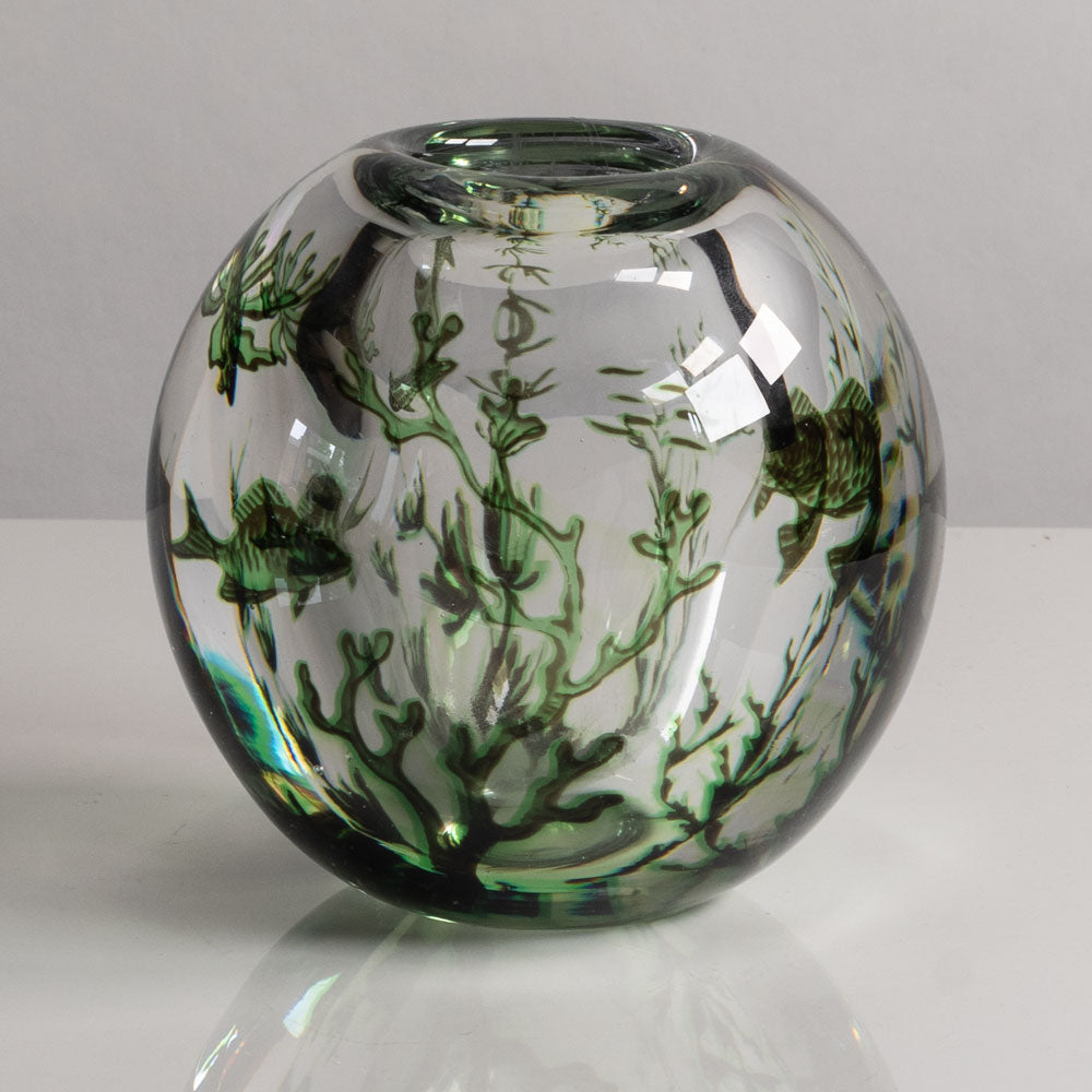 Edward Hald for Orrefors, Sweden, "Fish Graal" vase in clear glass with black and green internal illustration M5378