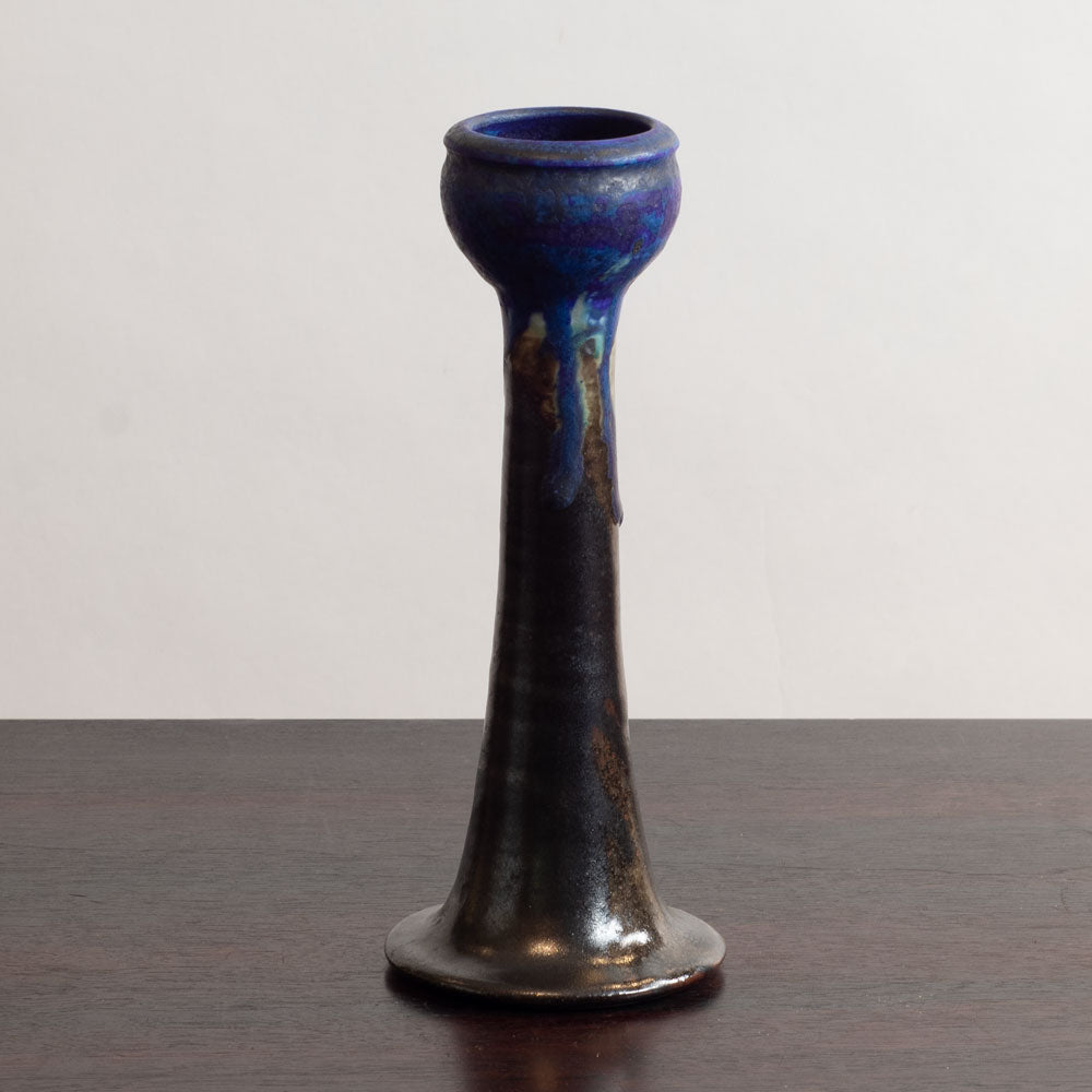 Liisa Hallamaa for Arabia, Finland, candlestick vase with blue and blue and brown glaze M5408