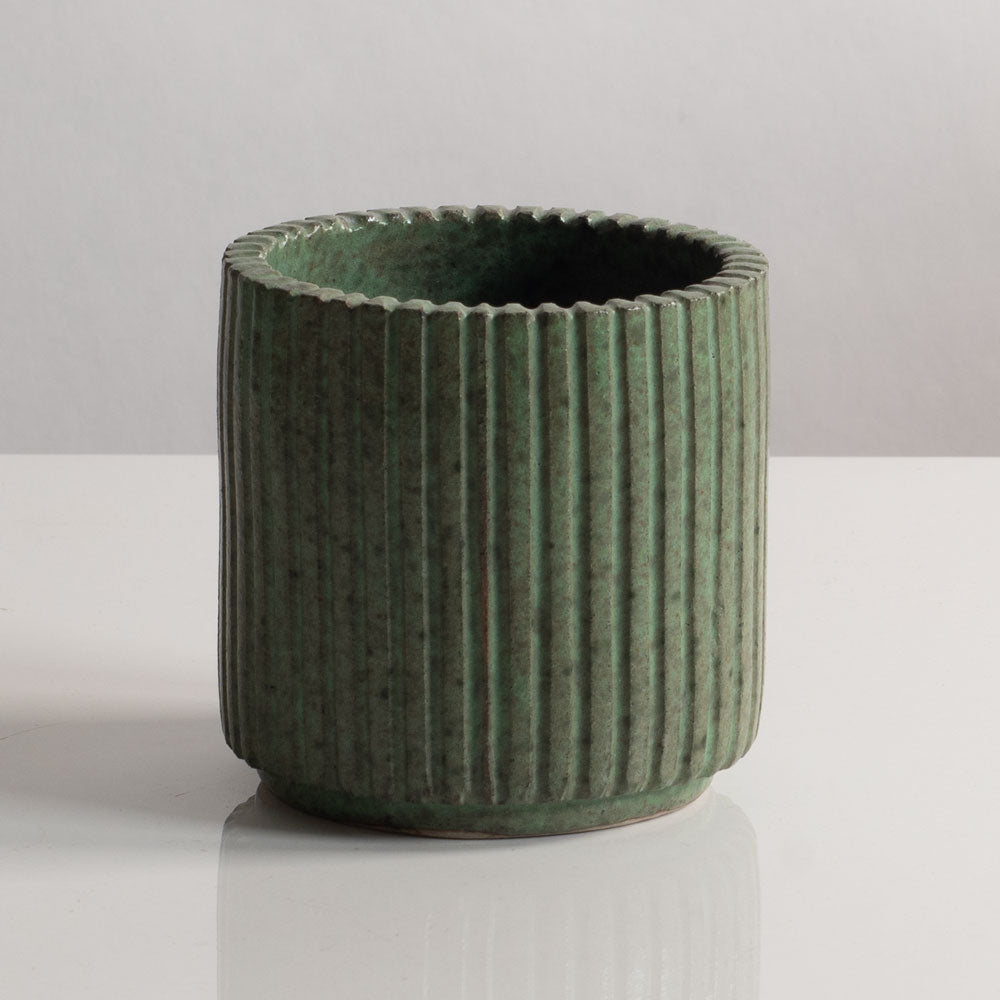 Arne Bang, Denmark, stoneware fluted cylindrical vase with green glaze M5412