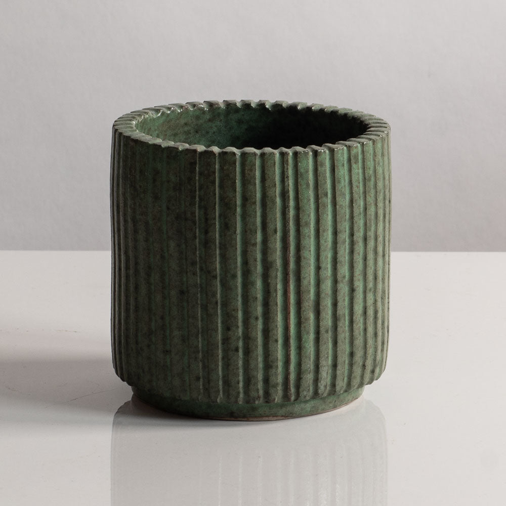 Arne Bang, Denmark, stoneware fluted cylindrical vase with green glaze M5416