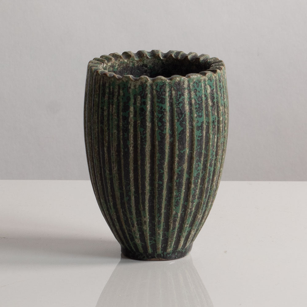 Arne Bang, Denmark, stoneware fluted cylindrical vase with green glaze M5413
