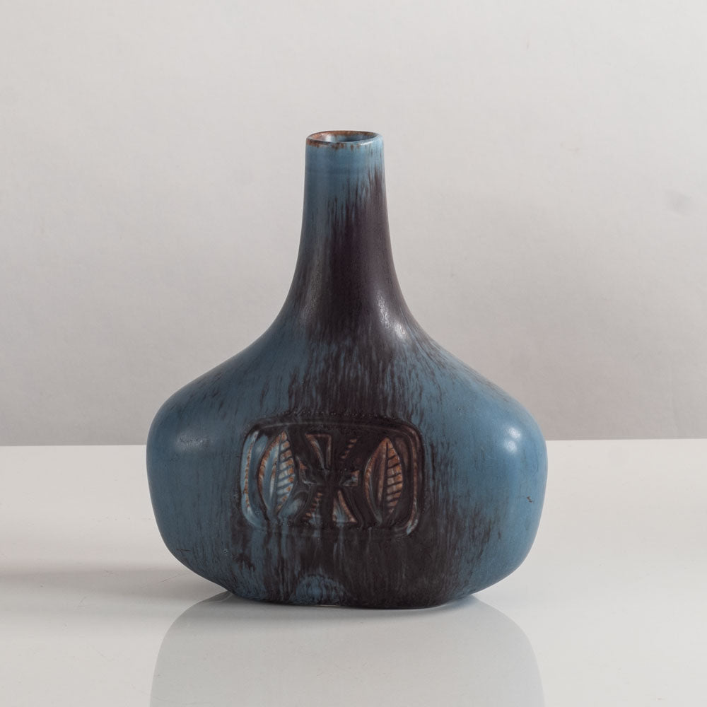 Gunnar Nylund for Rörstrand, Sweden, stoneware flattened bottle vase with blue and brown glaze M5402
