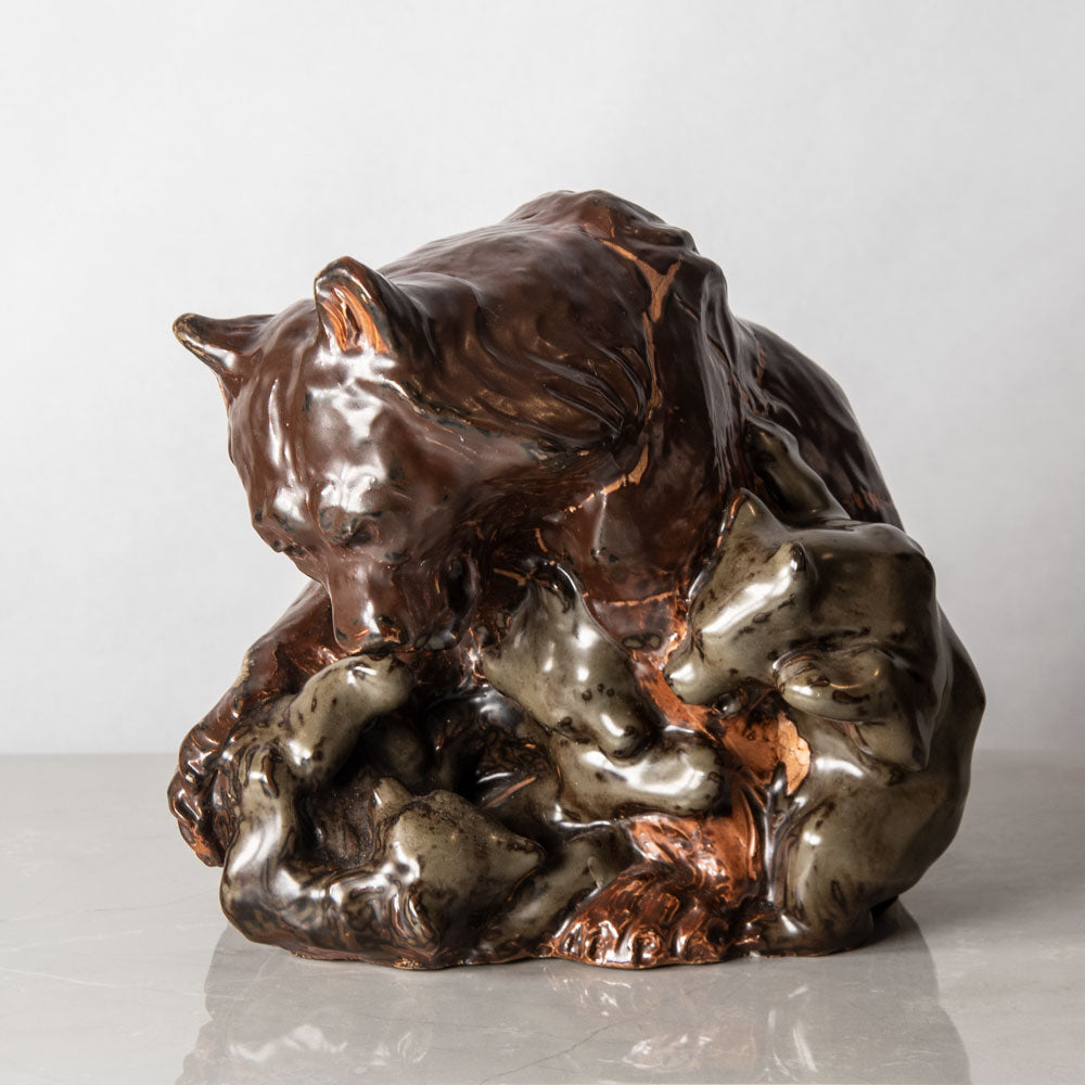 Knud Kyhn for Bing & Grondahl, Denmark, unique stoneware sculpture of a bear and three cubs J1398