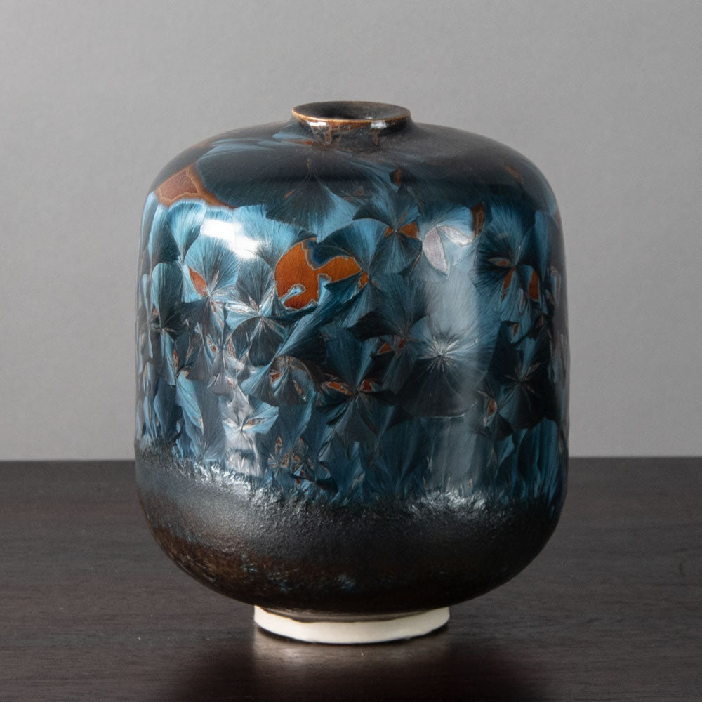 Sigrid May, Germany, unique porcelain vase with blue and brick red high-fired crystalline glaze J1306