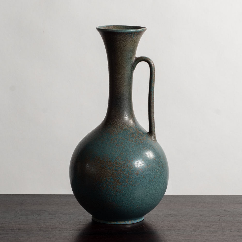 Gunnar Nylund for Rörstrand, Sweden, large stoneware handled vase with green crystalline glaze M5545