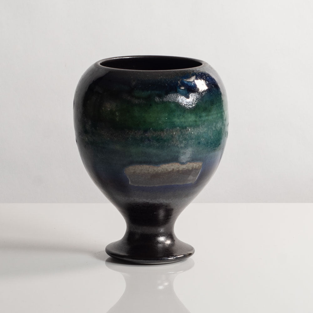 Liisa Hallamaa for Arabia, Finland, unique stoneware footed vase with blue and green glaze M5557