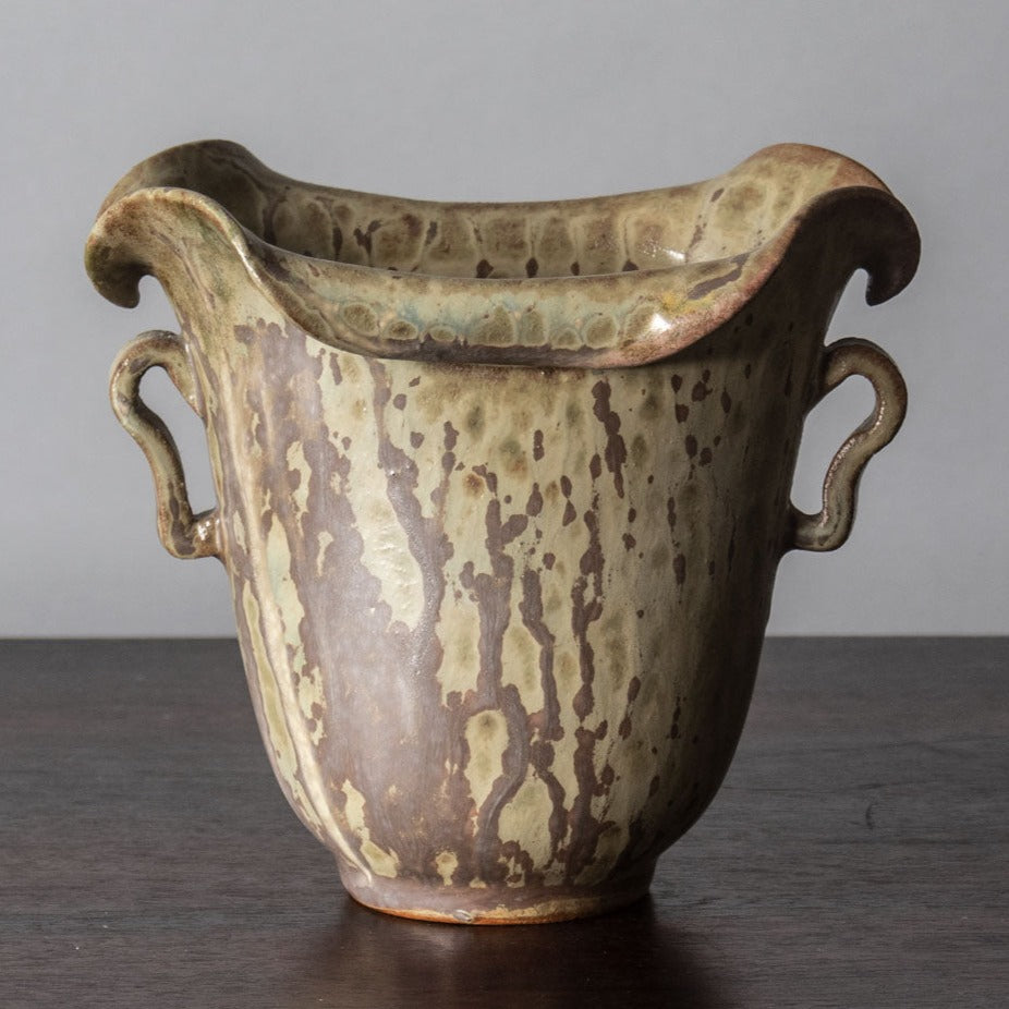 Arne Bang, Denmark, stoneware two handled vase with olive glaze H1129