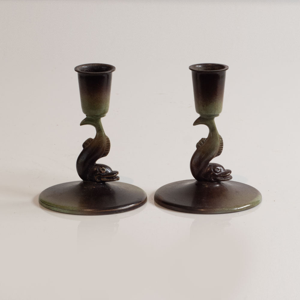 Ystad Brons, Sweden, pair of bronze candle sticks with fish motif M5532