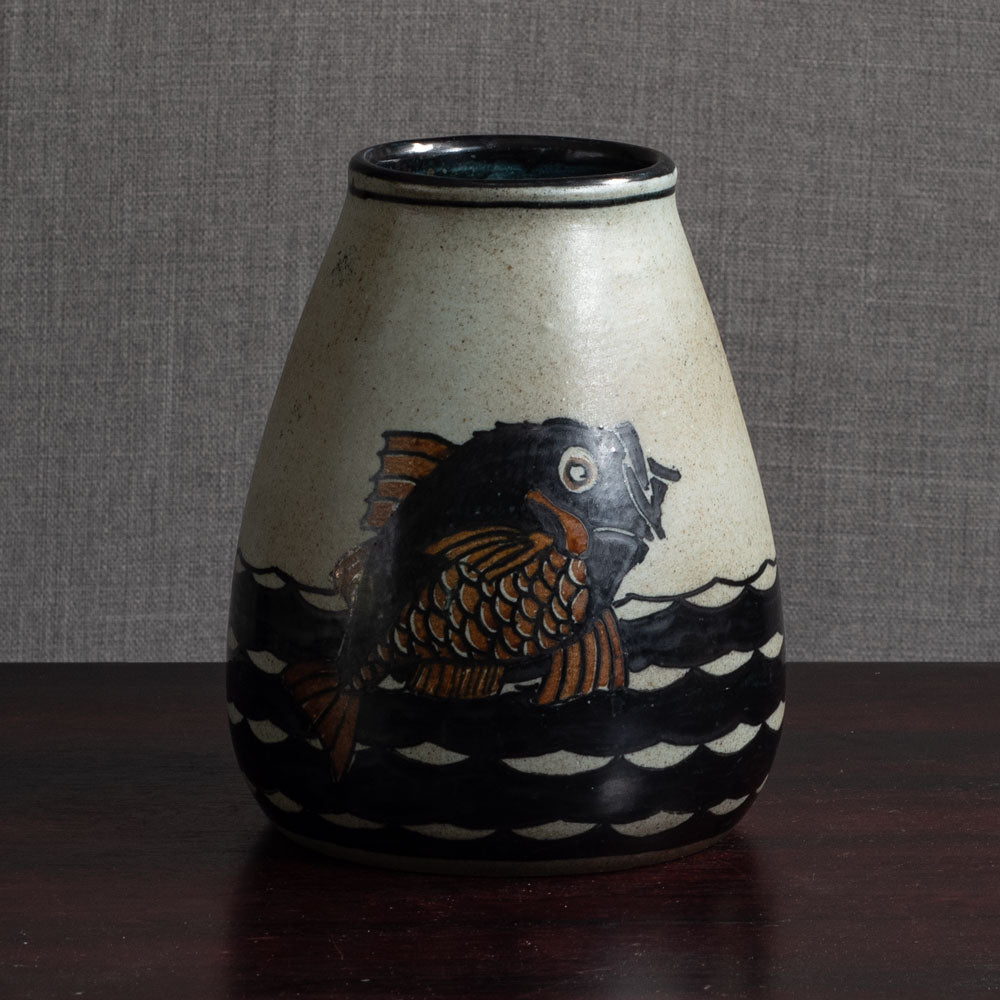 Josef Ekberg for Rorstrand, Sweden, unique stoneware vase with handpainted underglaze fish M5571