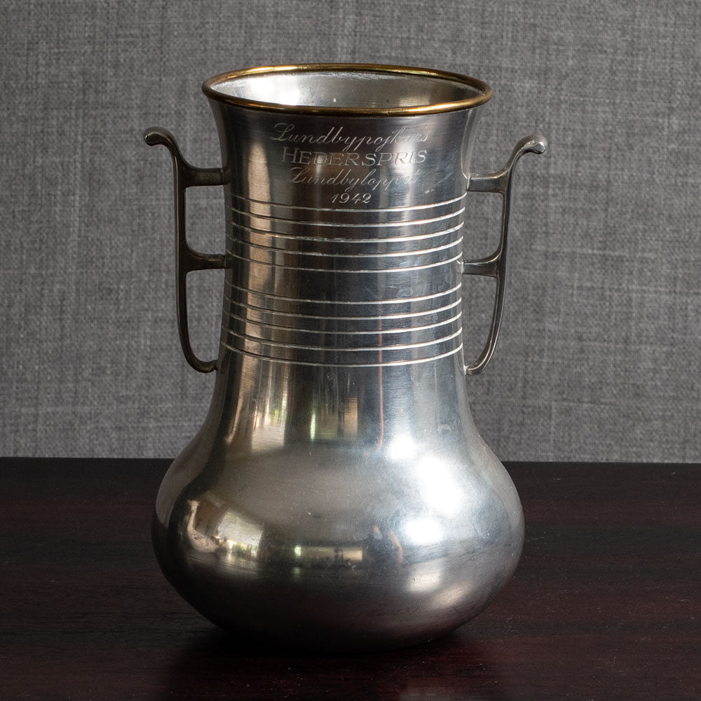 GAB Tenn, Sweden, pewter vase with handles and inscription M4252