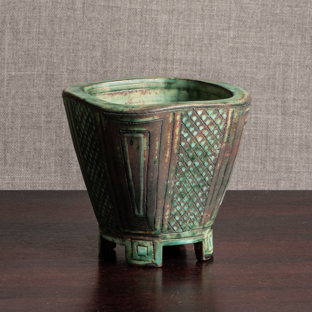 Wilhelm Kåge for Gustavsberg, "Farsta" footed vase with brown and green glaze M5452